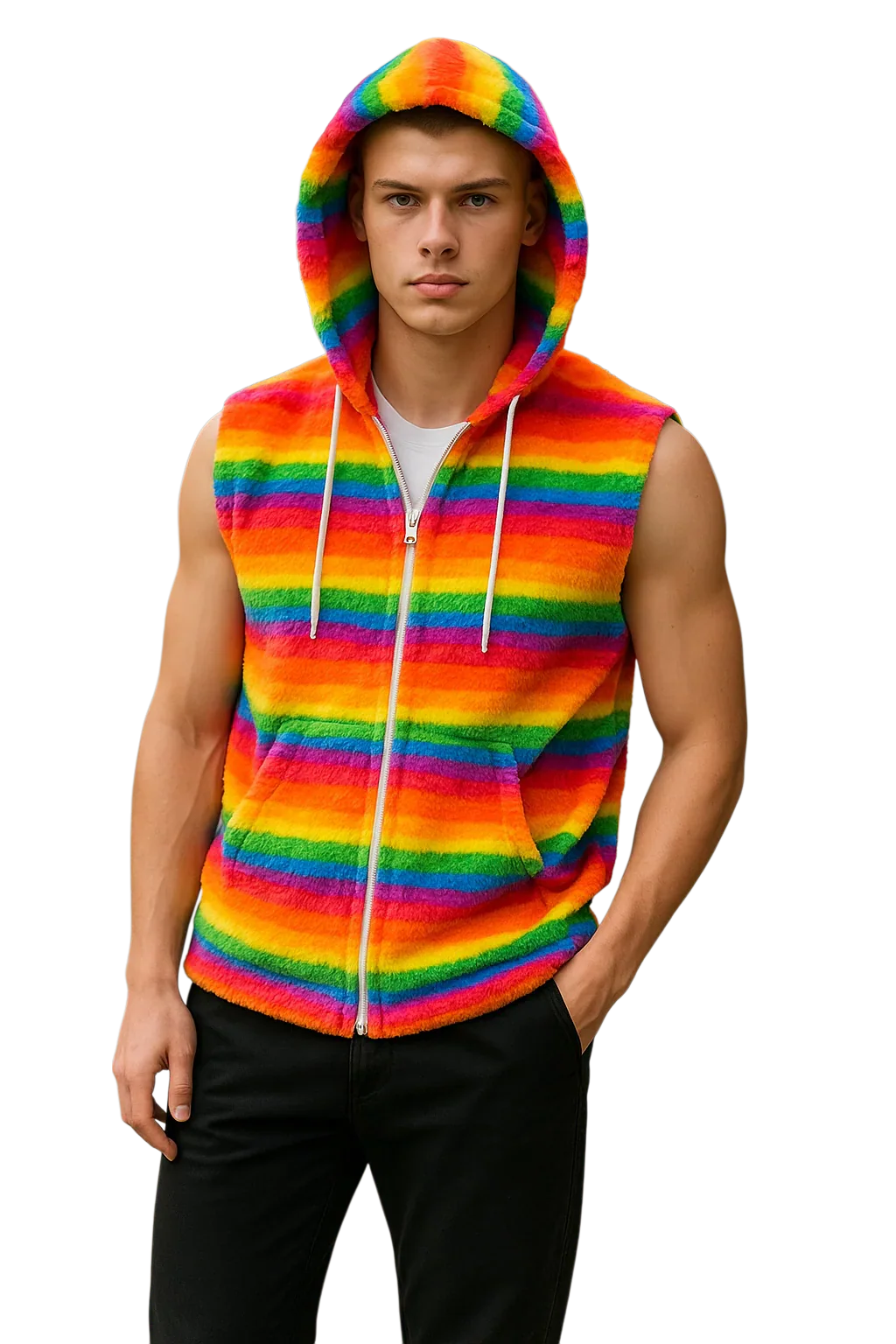 Rainbow stripe faux fur hoodie sleeveless plush with matching hood and white drawstrings in vibrant colors