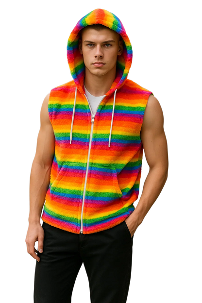 Rainbow stripe faux fur hoodie sleeveless plush with matching hood and white drawstrings in vibrant colors
