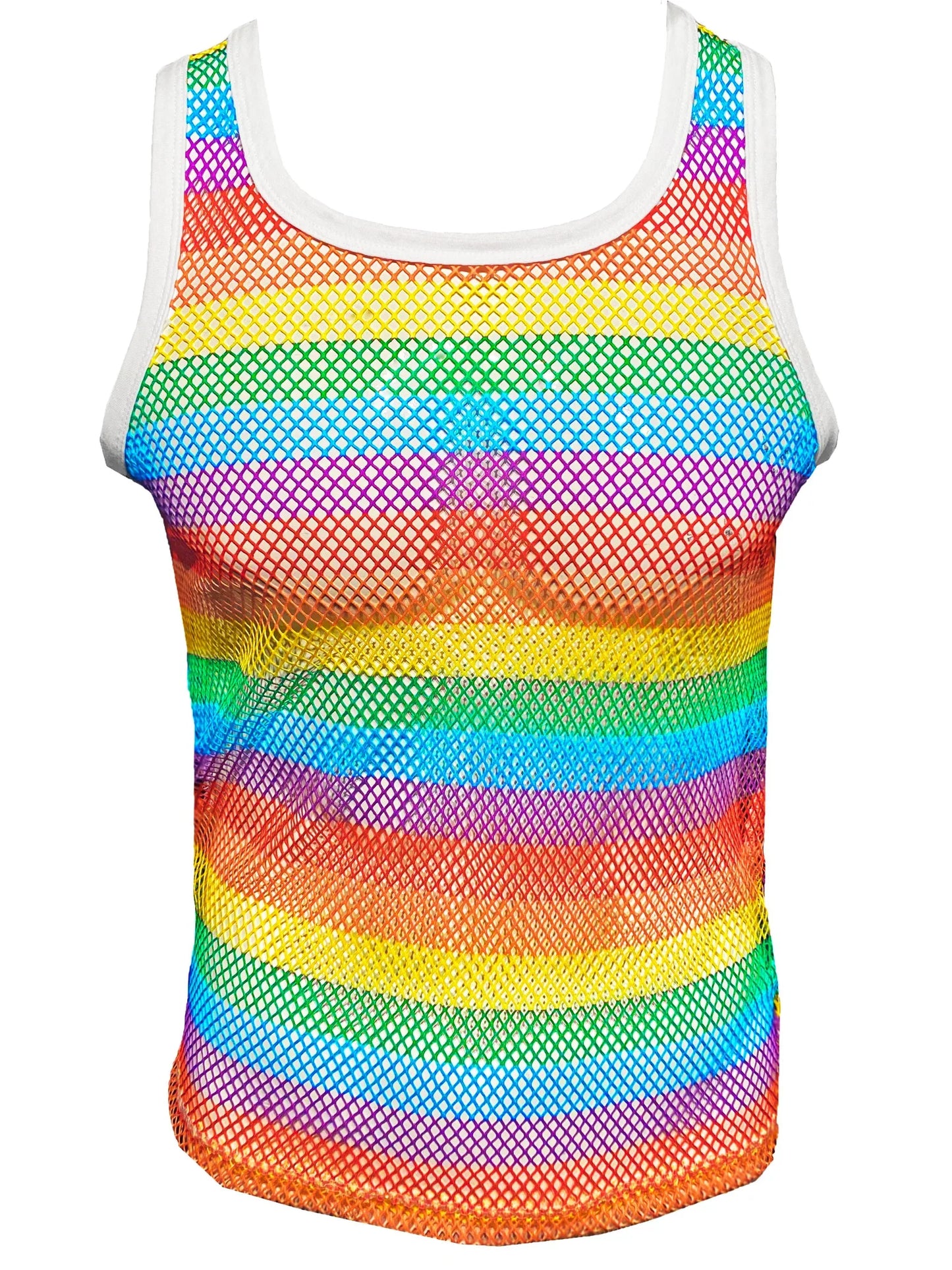 Rainbow stripe fine mesh tank top with white trim featuring vibrant colors and breathable mesh fabric