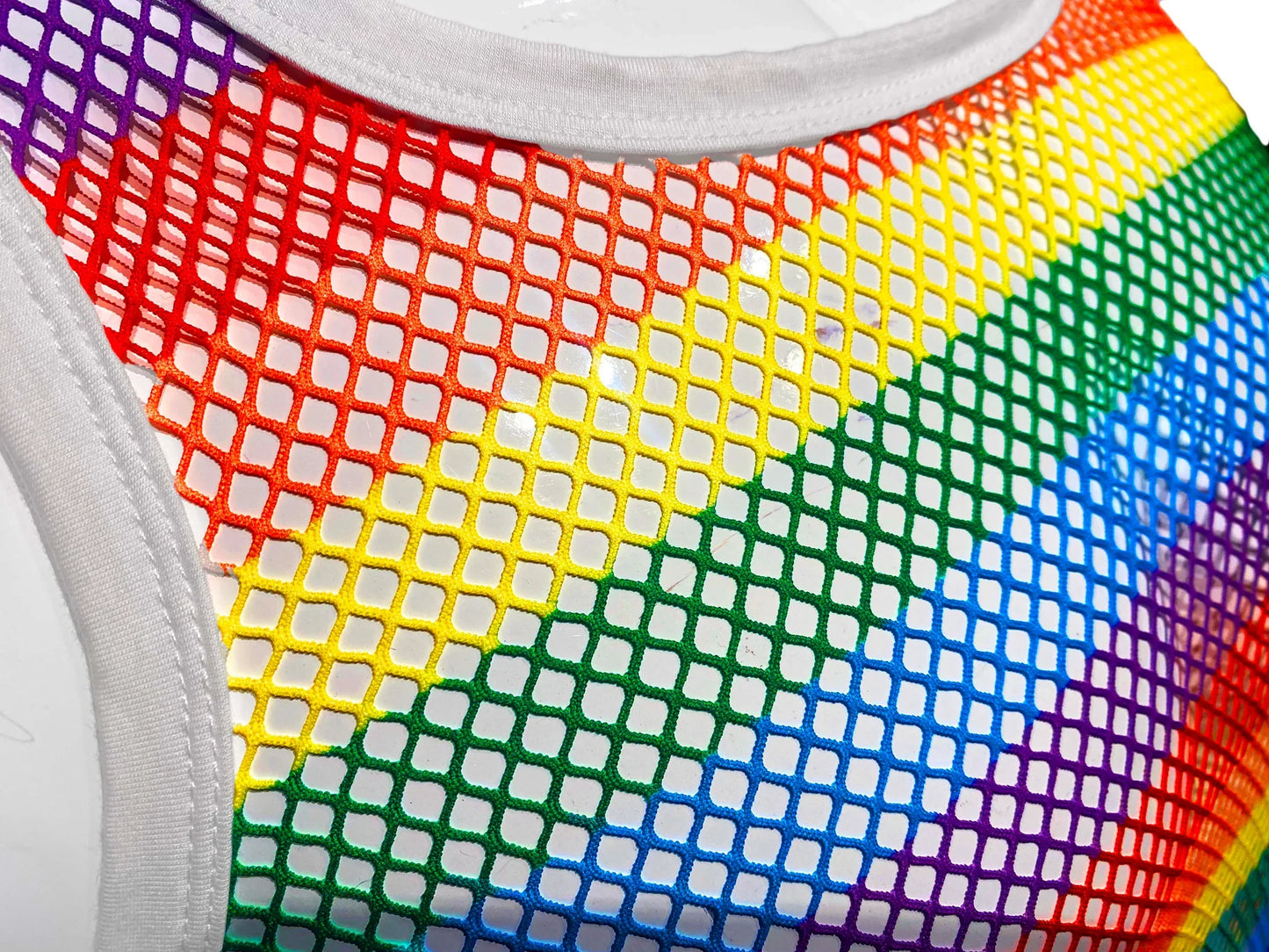 Rainbow stripe fine mesh tank in rainbow colors with white trim featuring a lightweight mesh fabric design