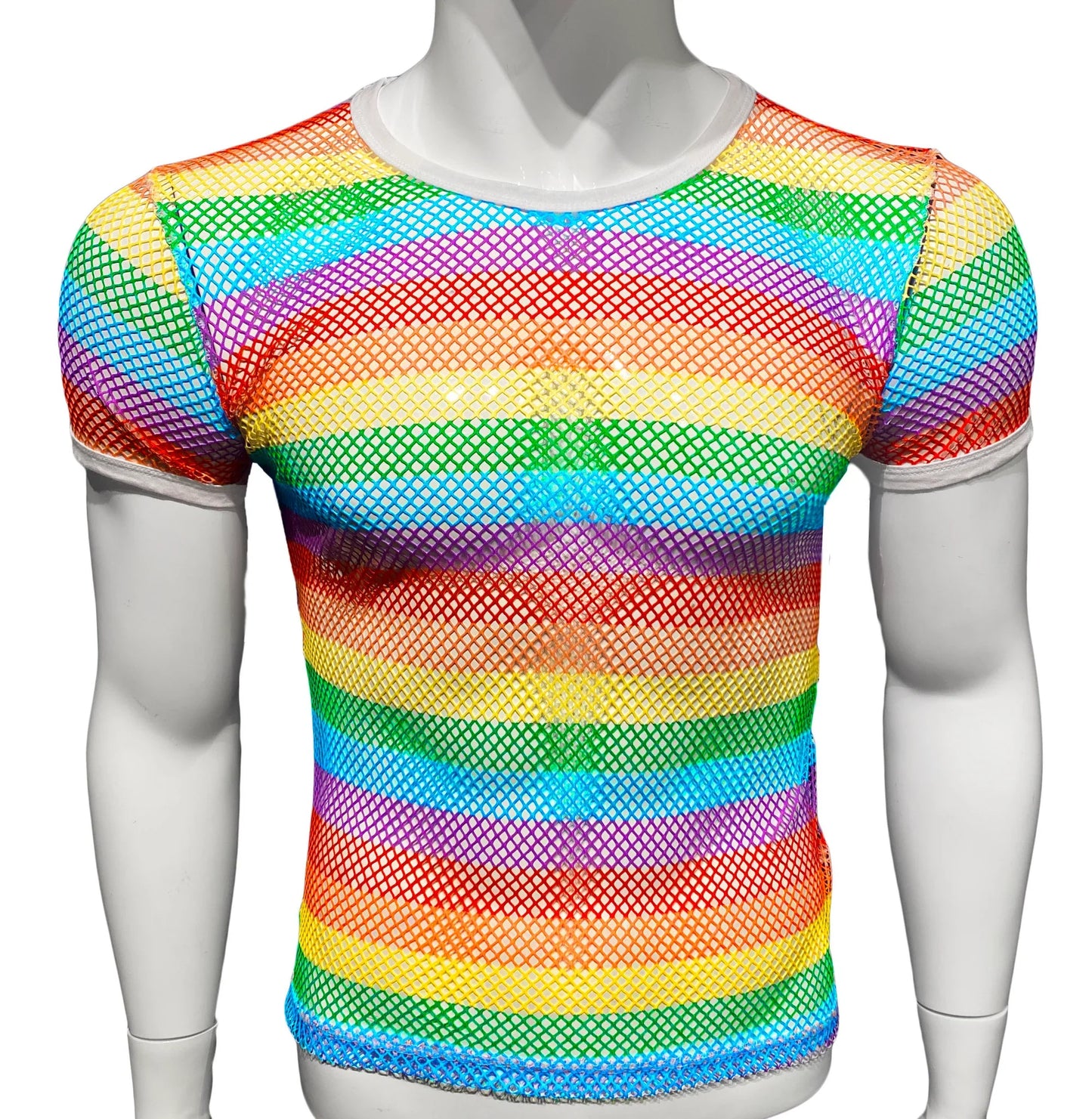 Rainbow stripe fine mesh tee with short sleeves and round neckline in vibrant multicolor stripes