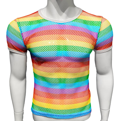 Rainbow stripe fine mesh tee with short sleeves and round neckline in vibrant multicolor stripes