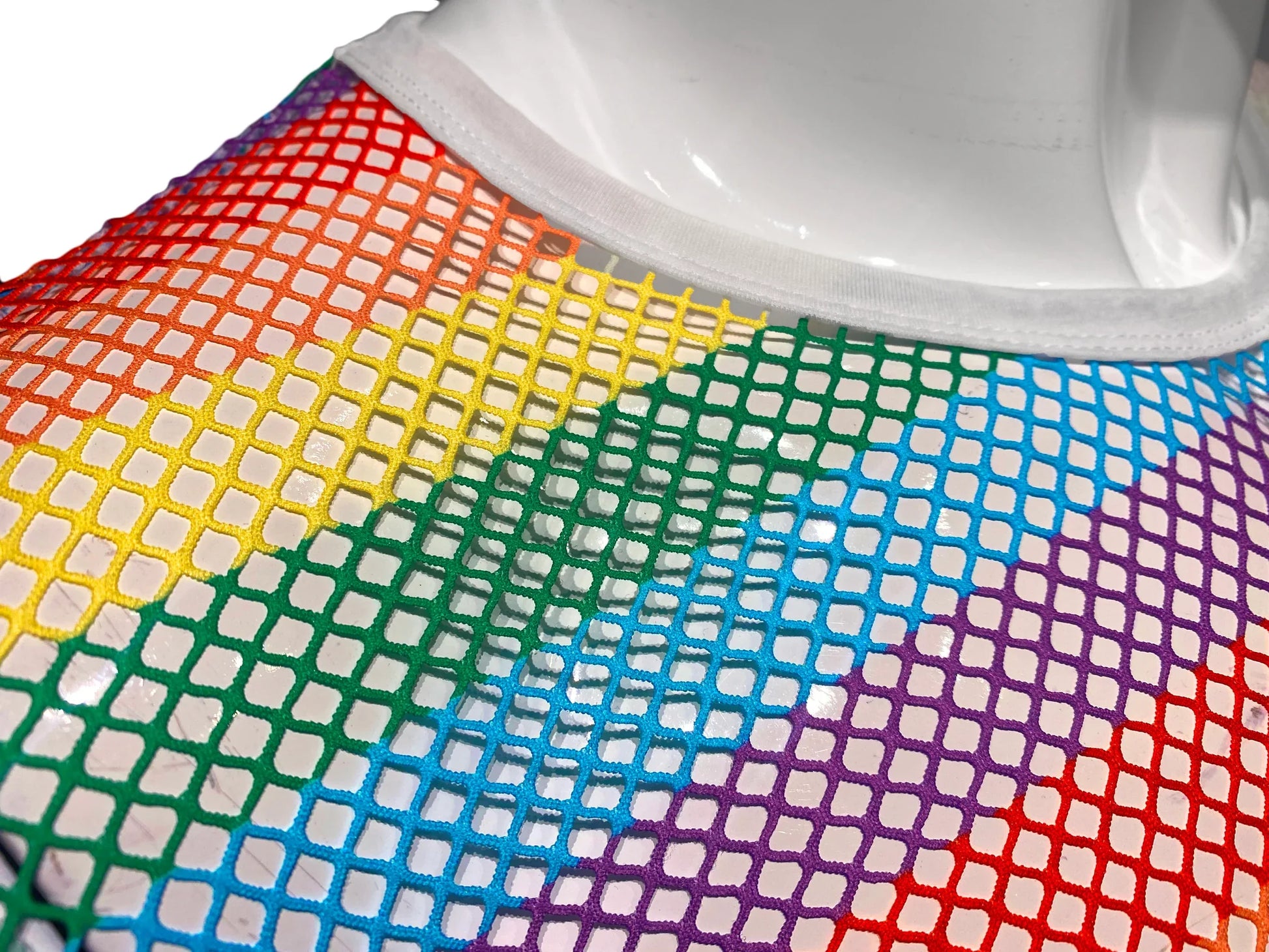 Rainbow stripe fine mesh tee featuring a rainbow-colored fishnet top with white elastic neckline in breathable mesh material