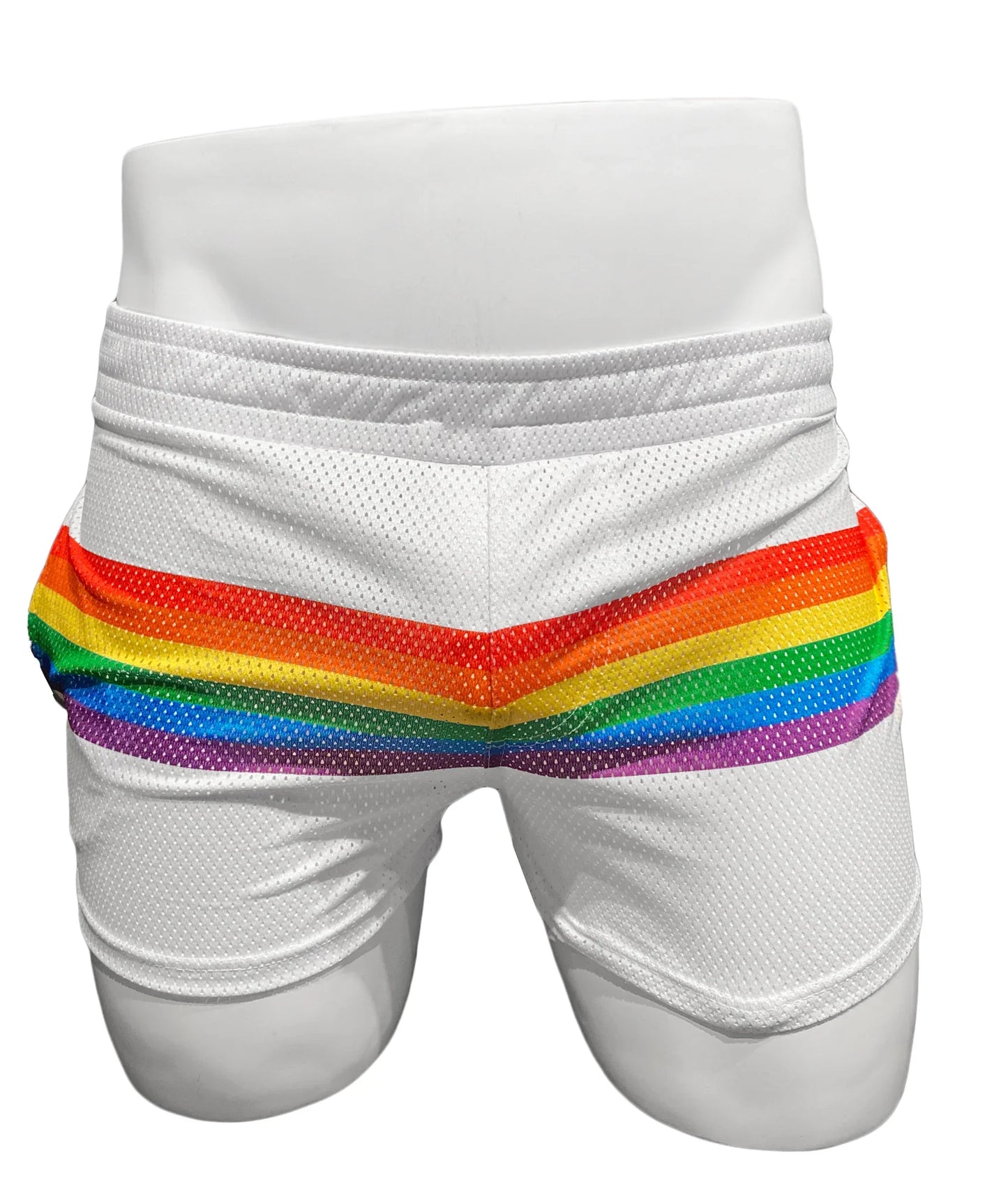 White mesh athletic shorts with a bold horizontal rainbow stripe across the waistband called rainbow stripe mesh shorts