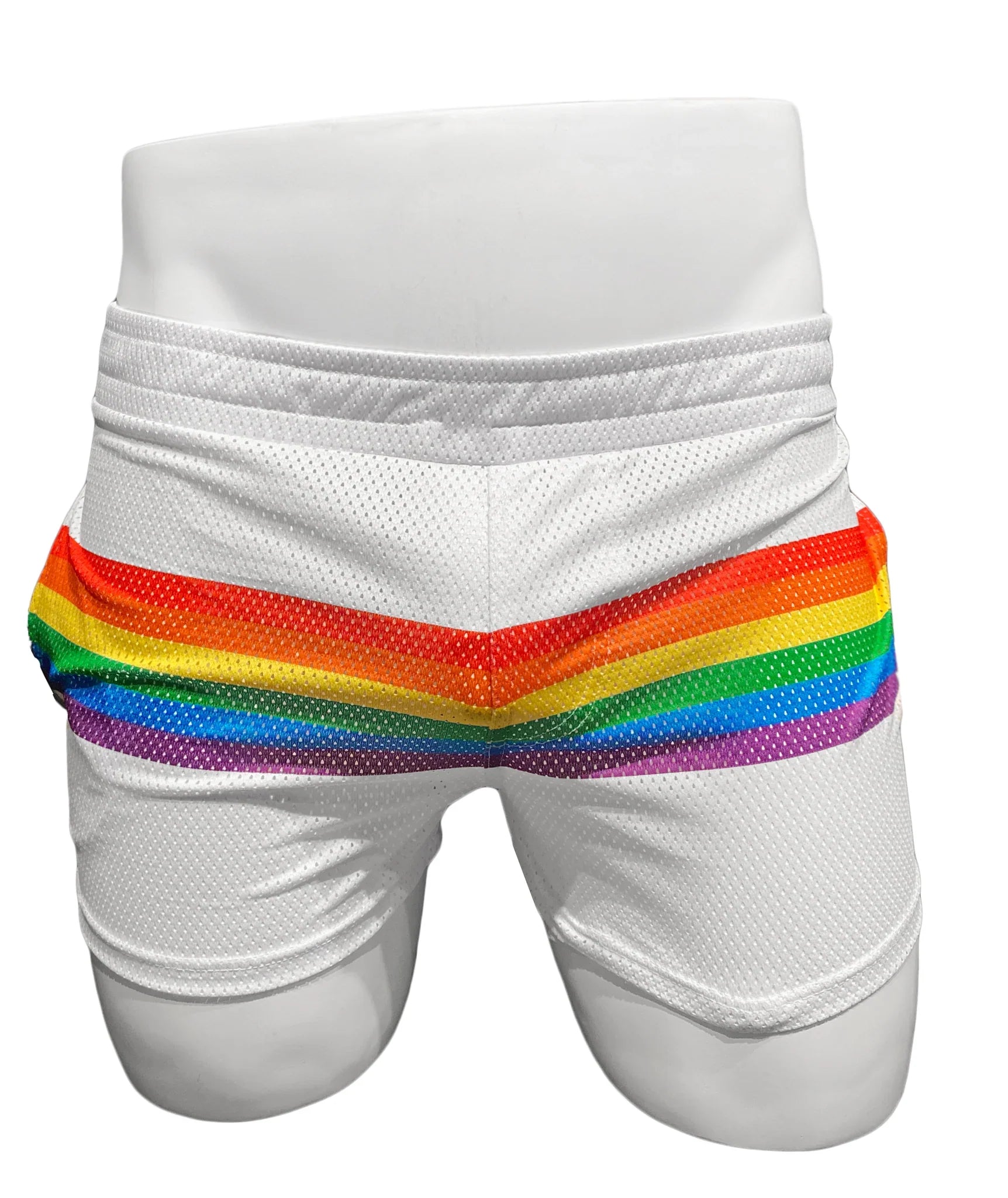 White mesh athletic shorts with a bold horizontal rainbow stripe across the waistband called rainbow stripe mesh shorts
