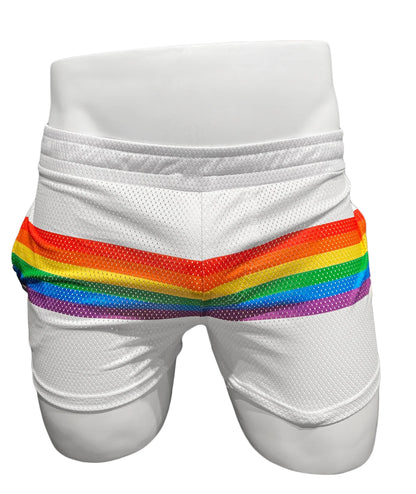 White mesh athletic shorts with a bold horizontal rainbow stripe across the waistband called rainbow stripe mesh shorts