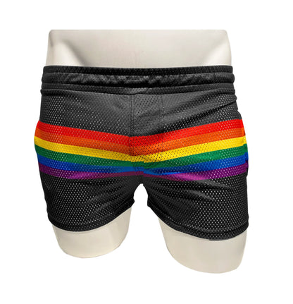 Black mesh shorts featuring a bold horizontal rainbow stripe across the front for vibrant casual wear