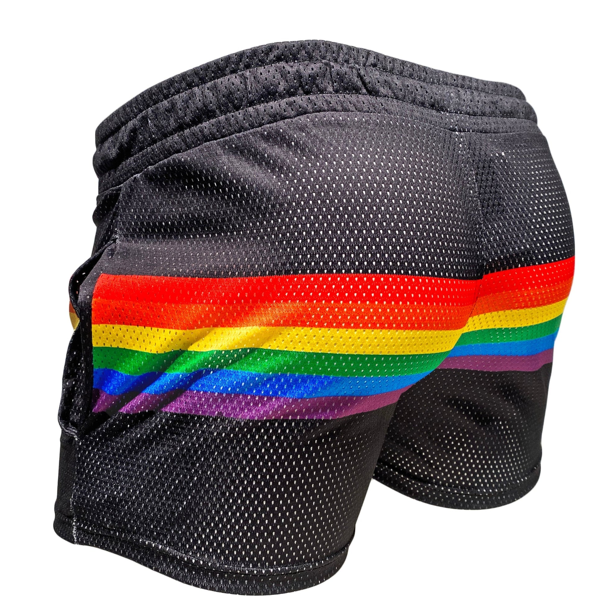 Black mesh shorts with vibrant rainbow stripe across the back in mesh material for athletic wear