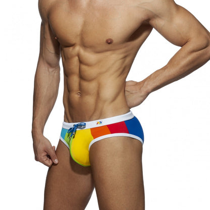 Rainbow swim brief vibrant rainbow-colored swim trunks with white waistband and blue drawstring for swimming
