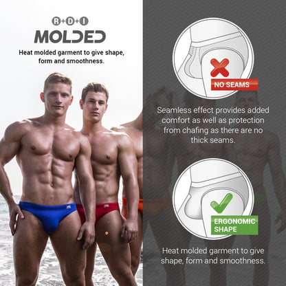 Rainbow swim brief swim trunks in blue and red heat-molded fabric with no seams and ergonomic shape