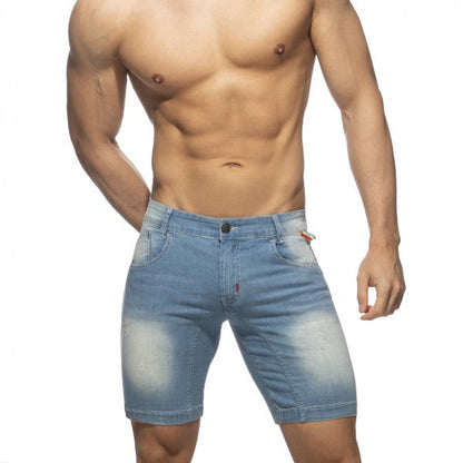 Rainbow tape jean short light-wash denim shorts with faded distressing and classic five-pocket design