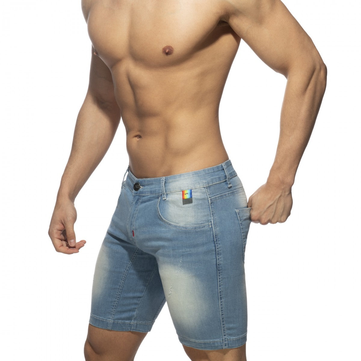 Rainbow tape jean short light-wash denim shorts with faded distressed look and subtle thigh fading