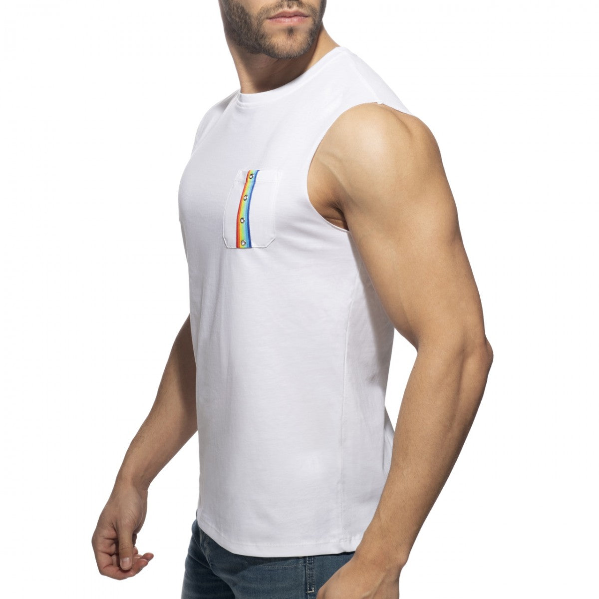 White sleeveless tank top with a rainbow-striped pocket detail perfect for casual summer wear