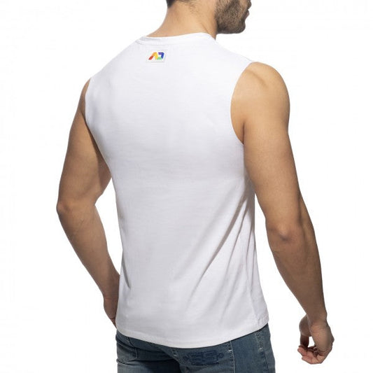 White sleeveless rainbow tape tank top showing back side with small rainbow logo on the collar