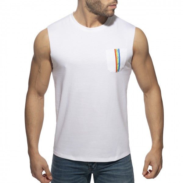 White sleeveless cotton tank top with rainbow-striped pocket detail perfect for casual summer wear