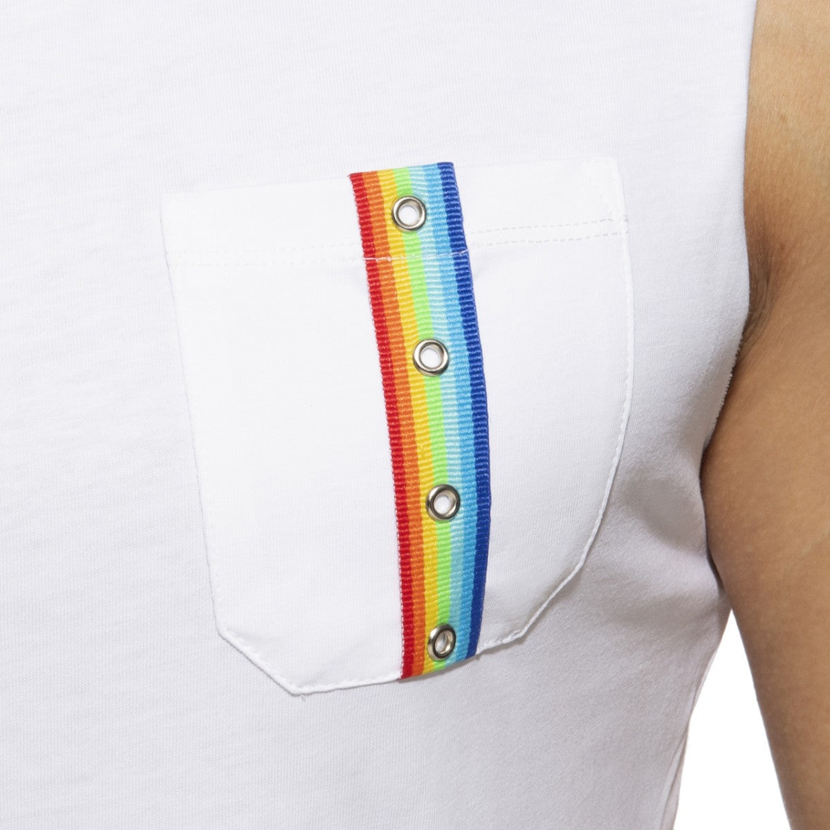 White sleeveless tank top with a rainbow-striped ribbon and silver grommets on the front pocket