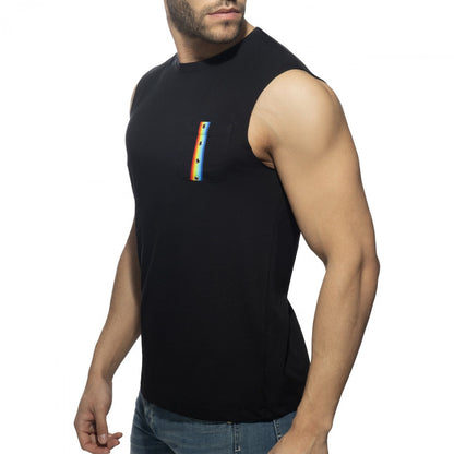 Black sleeveless tank top with a vertical rainbow-colored graphic on the chest from the rainbow tape tank top collection
