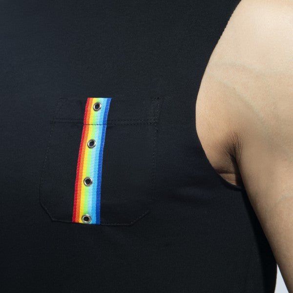 Black sleeveless rainbow tape tank top with front pocket featuring vertical rainbow ribbon threaded through grommets