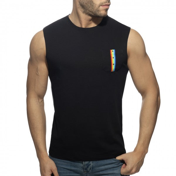 Black sleeveless tank top with a rainbow-striped chest pocket made of soft breathable fabric for casual wear