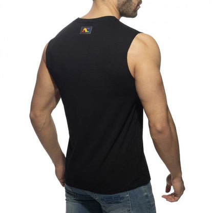 Black sleeveless tank top with a small colorful logo patch on the upper back showing the back side of the rainbow tape tank top
