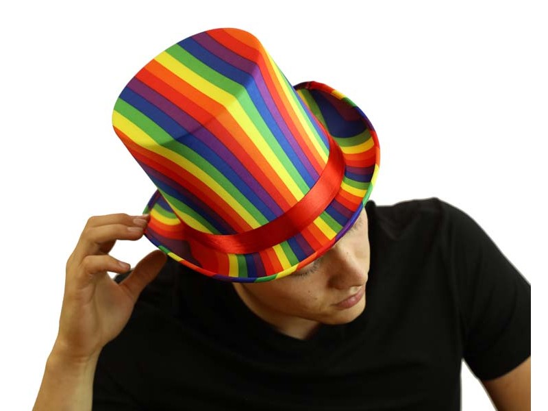 Rainbow top hat with rainbow stripes and a red satin band made of smooth fabric for festive occasions