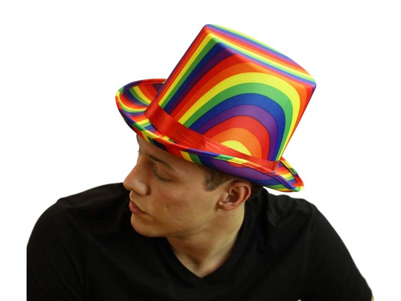 A vibrant rainbow-striped top hat with glossy finish and red ribbon band perfect for festive occasions