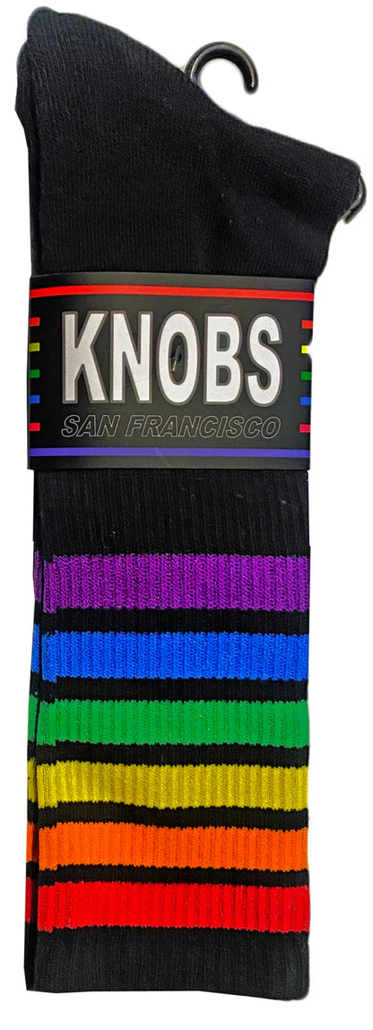 Black knit rainbow tube socks with vibrant stripes branded knobs san francisco for everyday wear