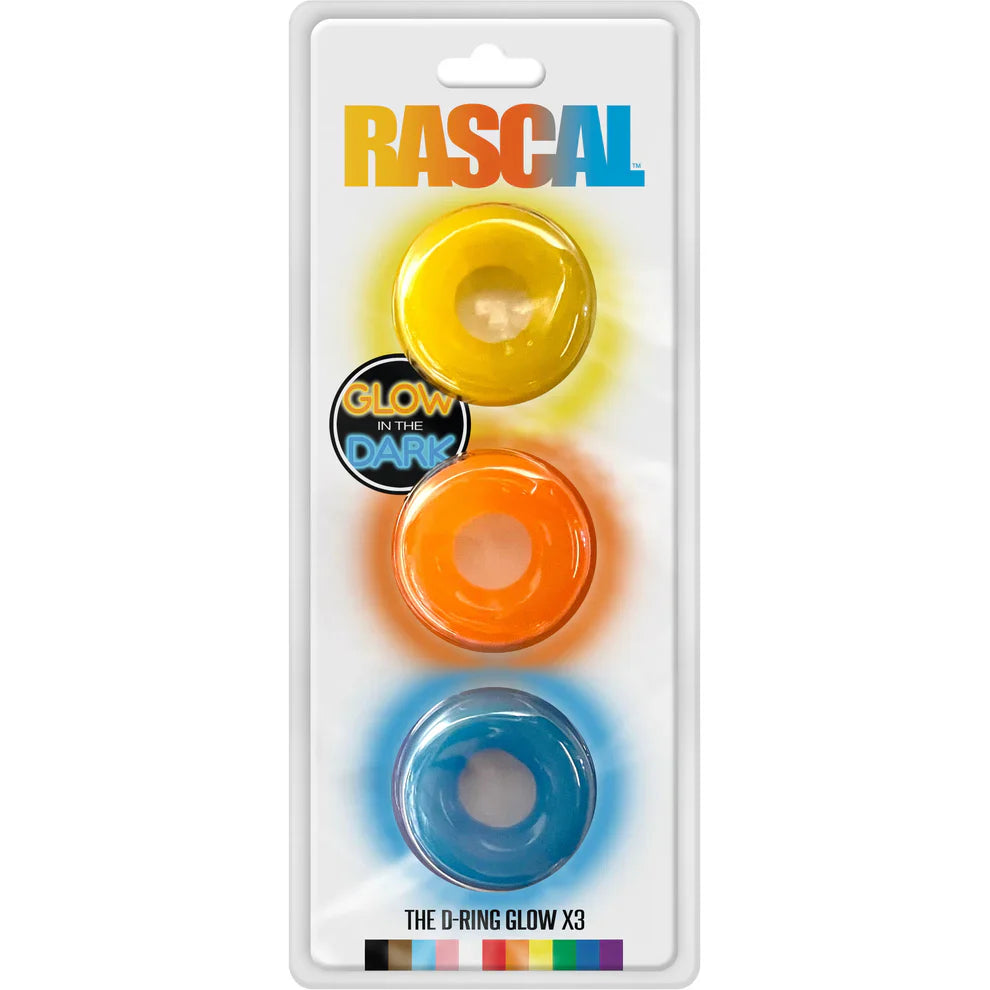Set of three translucent glow-in-the-dark d-rings in yellow orange and blue from rascal the d-ring glow x3 collection