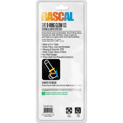 Rascal the d-ring glow x3 multi-color glow-in-the-dark tpe ring with extra thick stretchy design