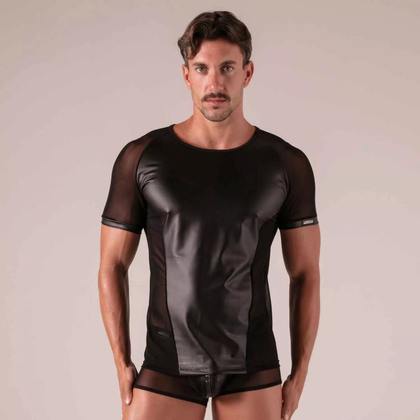 Black mesh and faux leather rebel t-shirt short-sleeved top with a sleek modern design