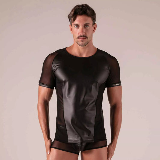 Black mesh and faux leather rebel t-shirt short-sleeved top with a sleek modern design