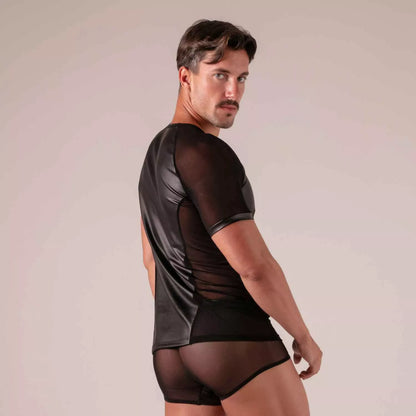 Black faux leather rebel t-shirt with short sleeves and sheer mesh panels for edgy casual wear
