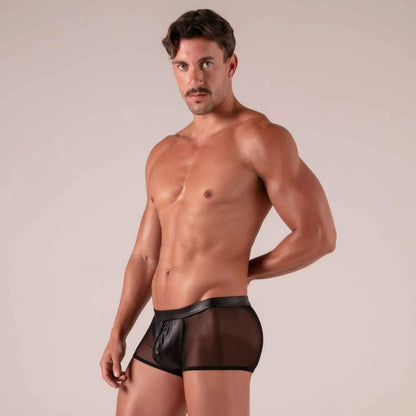 Black rebel zipped trunks sheer mesh briefs with faux leather waistband and front zipper detail