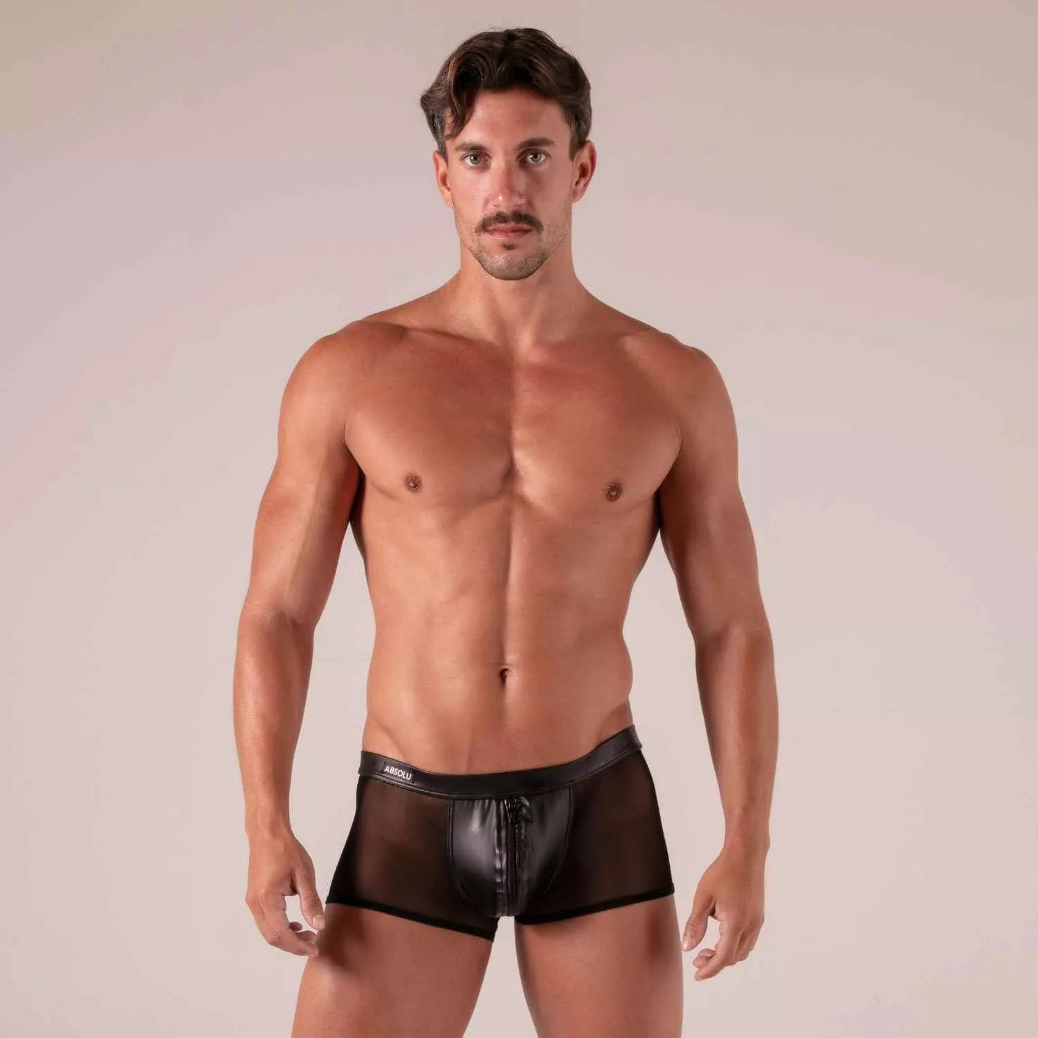 Black sheer mesh briefs with a glossy faux leather front panel and zipper detail rebel zipped trunks