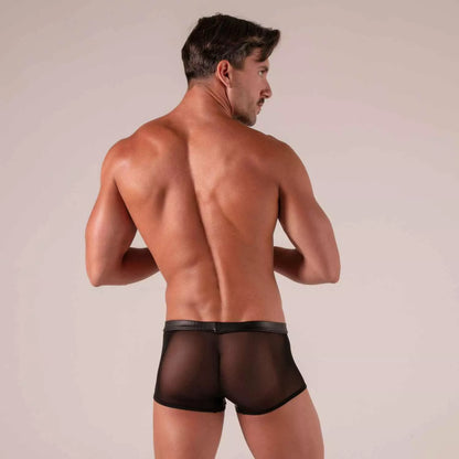 Black sheer mesh briefs with solid black waistband from rebel zipped trunks featuring a breathable design