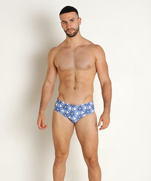 Redondo swim brief featuring blue and white geometric-patterned fabric for stylish and comfortable swimming