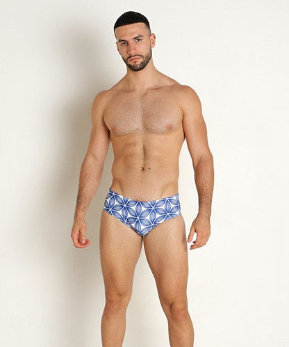 Redondo swim brief featuring blue and white geometric-patterned fabric for stylish and comfortable swimming