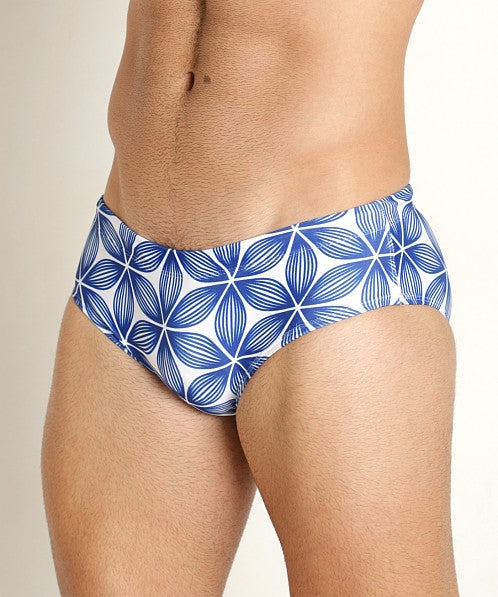 Redondo swim brief blue and white patterned with geometric floral design for stylish swimwear