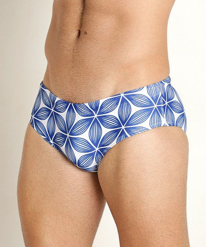 Redondo swim brief blue and white patterned with geometric floral design for stylish swimwear