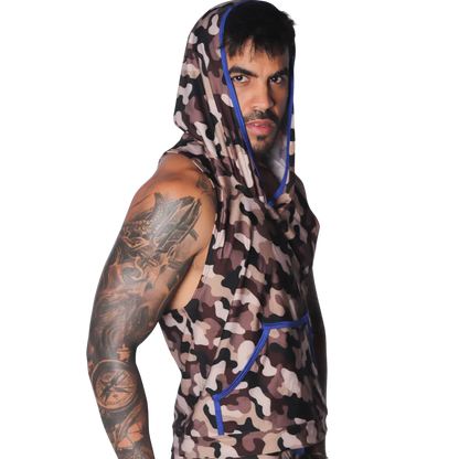 Sleeveless camouflage print hooded t-shirt with contrasting blue trim and a front kangaroo pocket.
