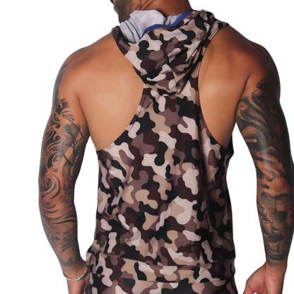 Brown camouflage print sleeveless hooded tank top with a thin blue trim on the hood's interior.