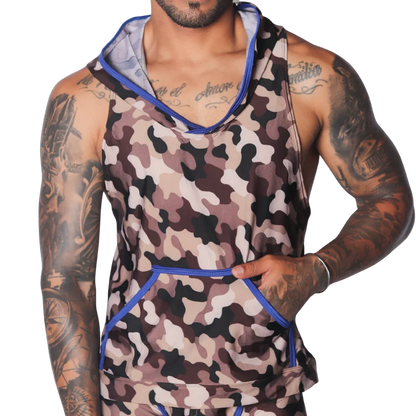 Sleeveless camo-print hooded shirt in brown, beige, and black with blue trim and a front kangaroo pocket.