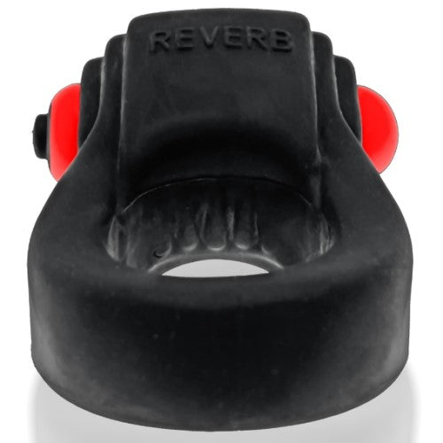 Black silicone revring with red spherical ends and reverb embossed on top designed for vibration use