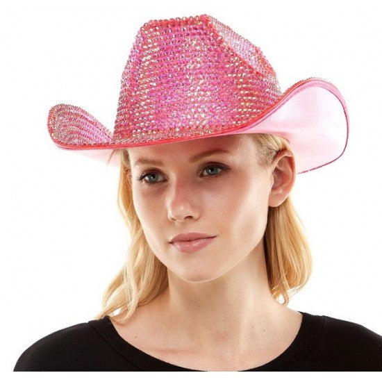 Rhinestone cowboy hat featuring pink glitter with mesh texture and soft pink inner lining