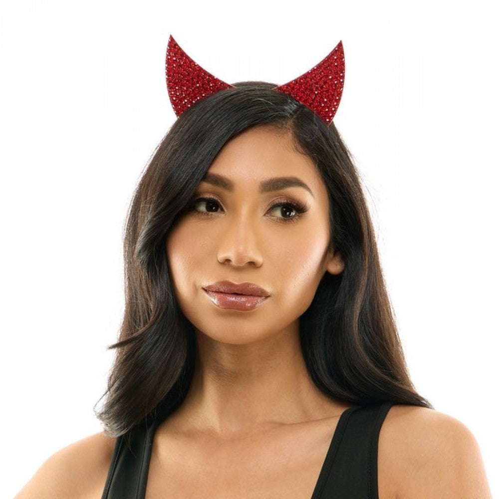Rhinestone devil headband with red glitter covered horns for festive and costume wear