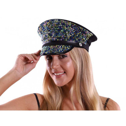 A sparkling navy blue police-style festival hat with multicolored rhinestones and a black leather band