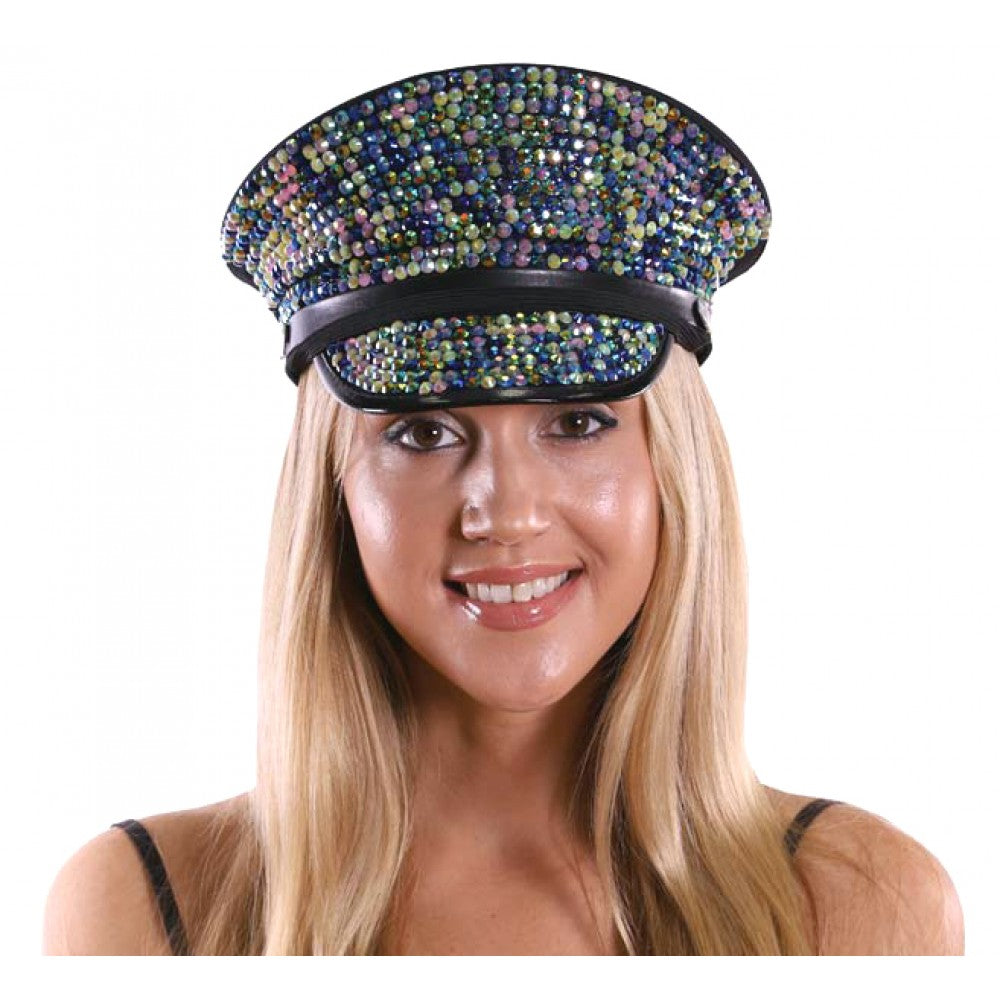 A dazzling black rhinestone festival hat adorned with dense multicolored blue green and purple rhinestones