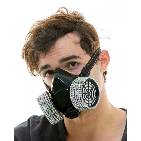 Black gas mask adorned with sparkling silver rhinestones around filter housings rhinestone gas mask product