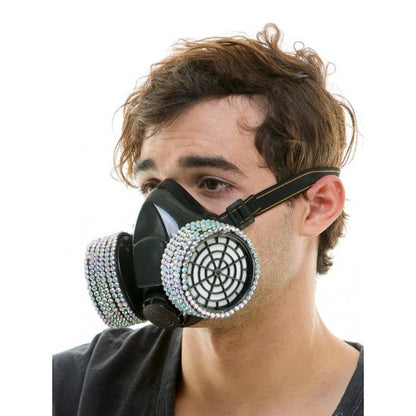 Black gas mask adorned with sparkling rhinestones on filters and facepiece rhinestone gas mask design