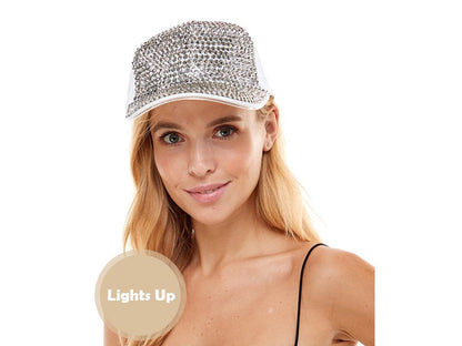 White baseball cap with silver rhinestone embellishments and light up feature for stylish headwear use